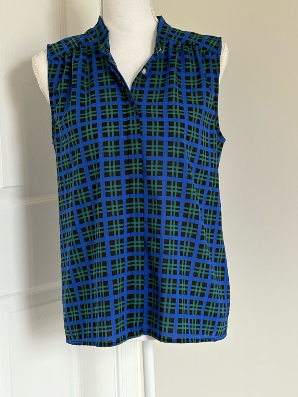 J. Crew Green and Blue Plaid Sleeveless Henley Top